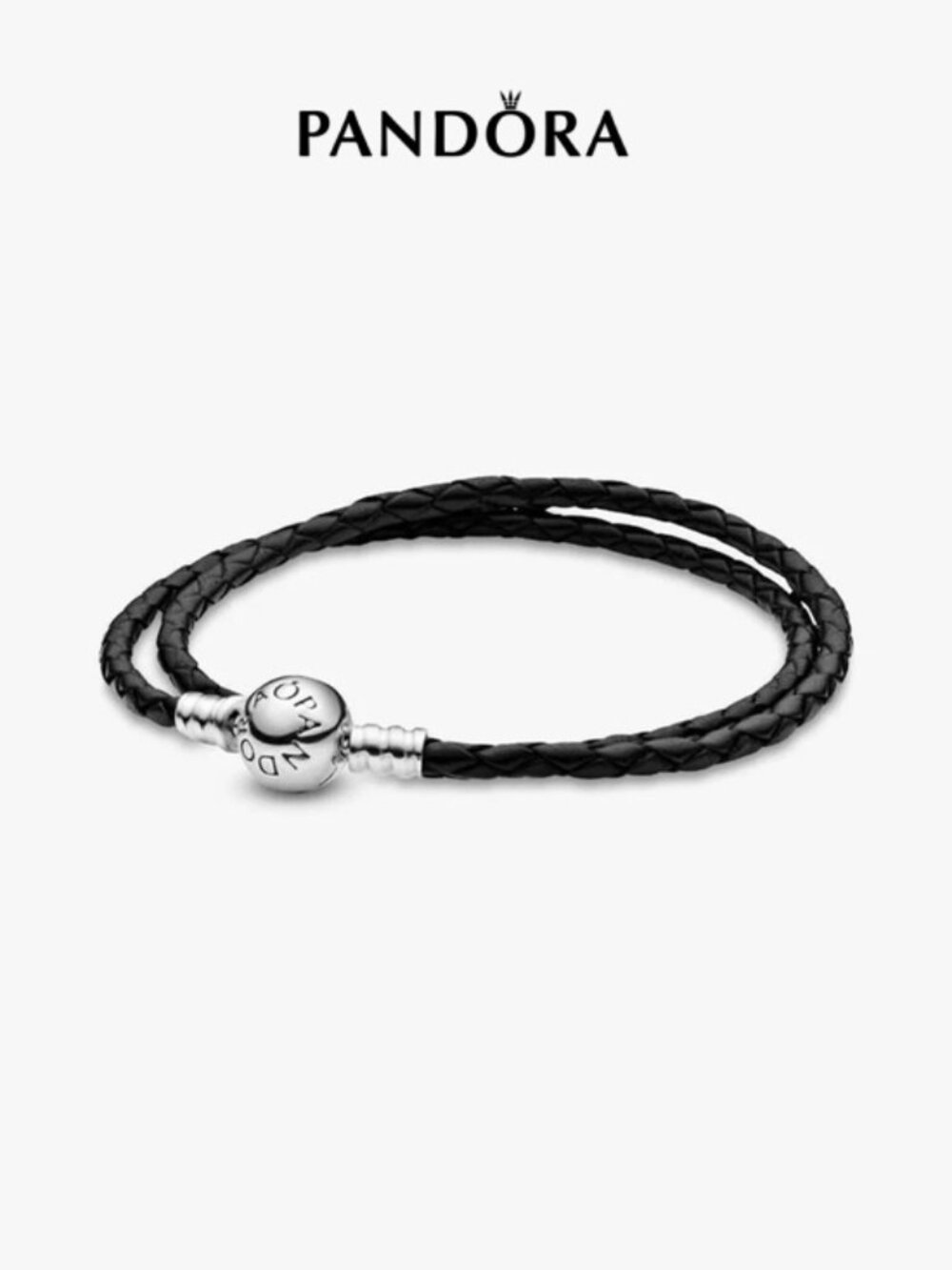 Pandora Black Double Wrap Braided Leather Bracelet with Silver Logo Clasp
